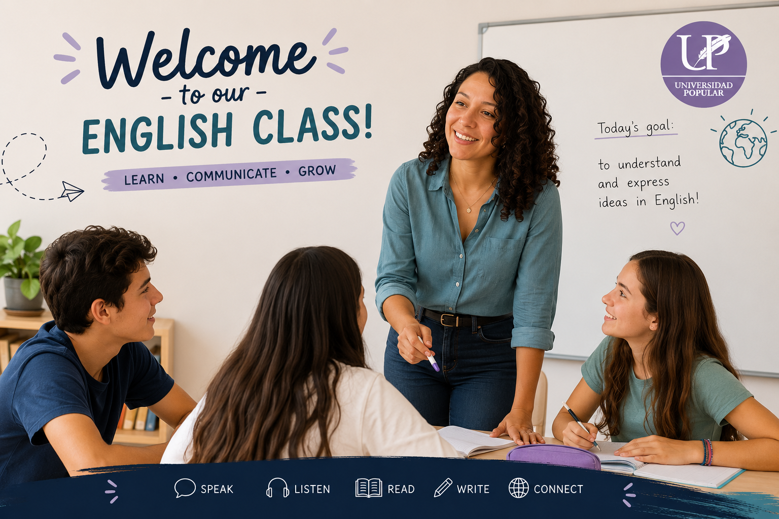 Estudiantes y profe en clase de inglès e la Universidad Popular